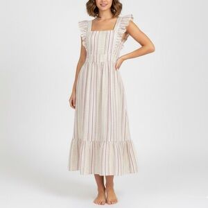 NEW Ann Taylor Ruffle Dress Cutout Back Midi Size 8 Shimmer Stripe Cottagecore